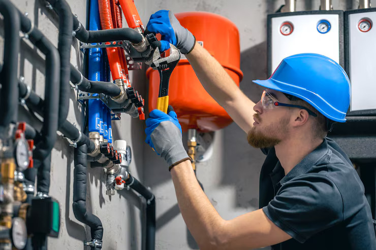 man installs heating system house checks pipes with wrench 169016 55834
